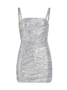 BALMAIN Sequined Ruched Sleeveless Silver Mini Dress